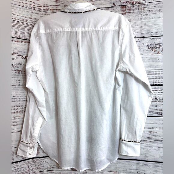 Romi Basha shirt womens one Size white leopard trim Button up Cotton casual top - Picture 3 of 12
